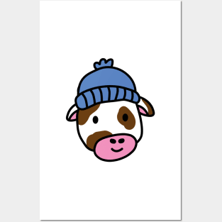 Cute cartoon dairy cow wearing a wooly hat Posters and Art